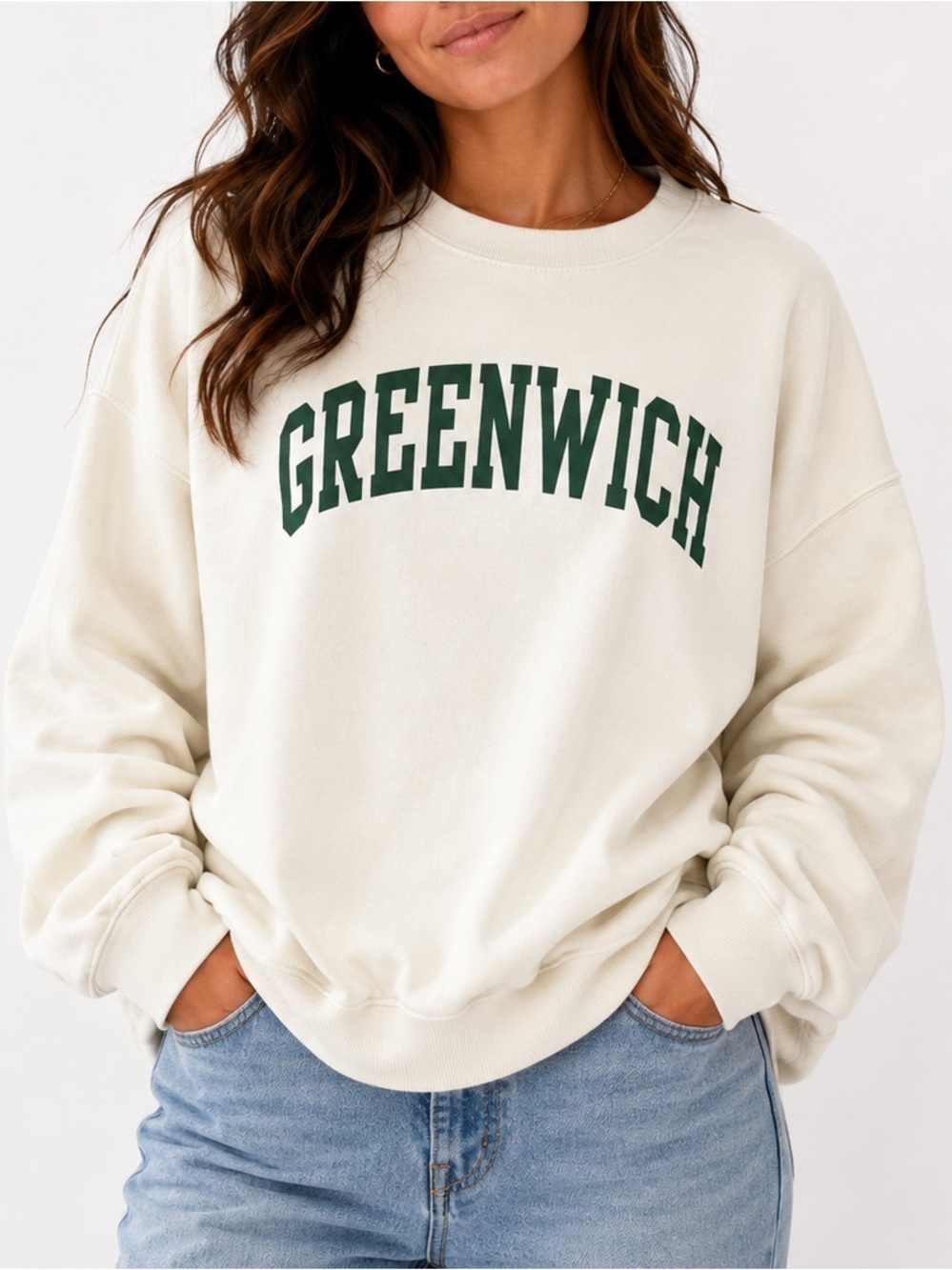 PacSun John Galt Cream Crewneck Sweatshirt with Green 'GREENWICH' Print